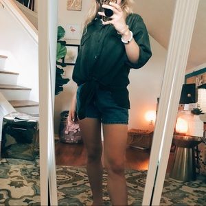 100% silk green button down